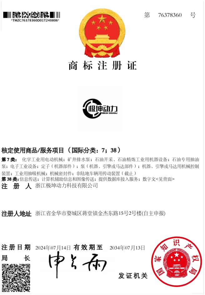 Trademark registration certificate of Jikun Power